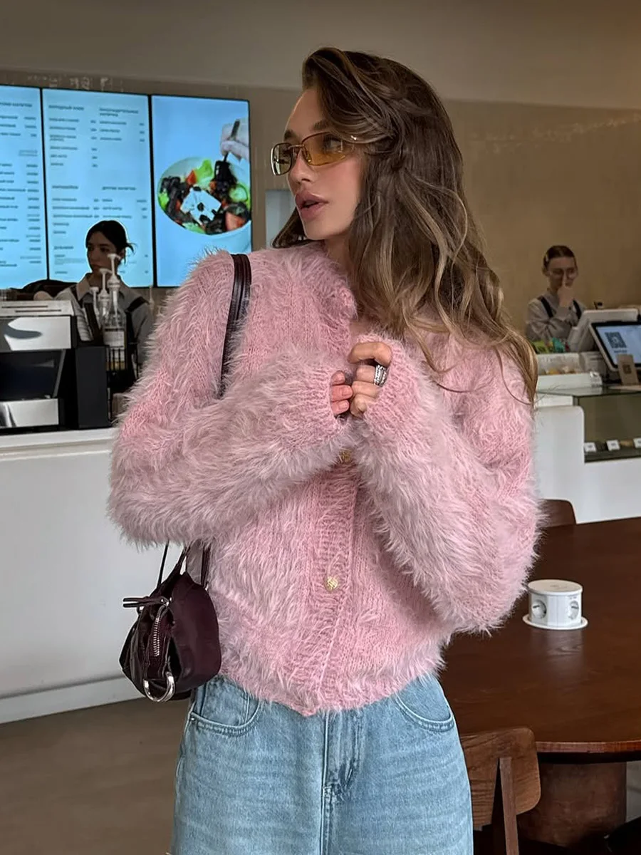

Women's Chic Fuzzy Knitted Cardigan Sweet Long Sleeve Golden Button Cropped Soft Loose Sweater Lady Autumn Street Outerwear