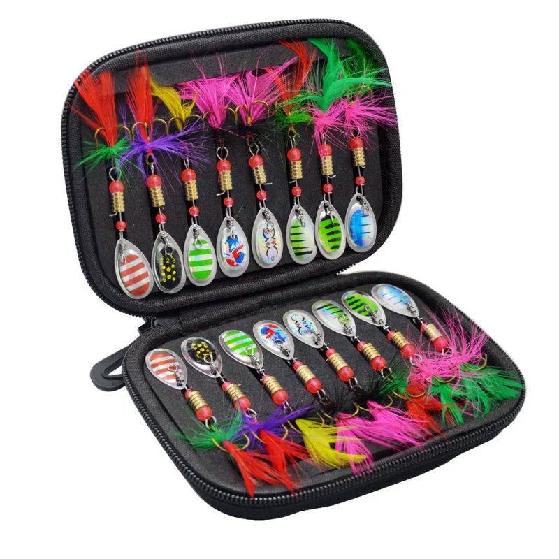 Lure Composite Rotating Sequins Feather Hook Set 16 Pieces Hand-Cranking Piece Metal Lure Set Fishing Bait