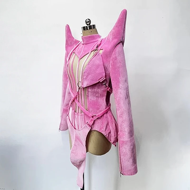 2026 Sexy Pink Velvet Bodysuit Stand Shoulder Singer Dancer Stage Costume Drag Queen Clothing Gogo Dance Wear Rave Outfit yj010
