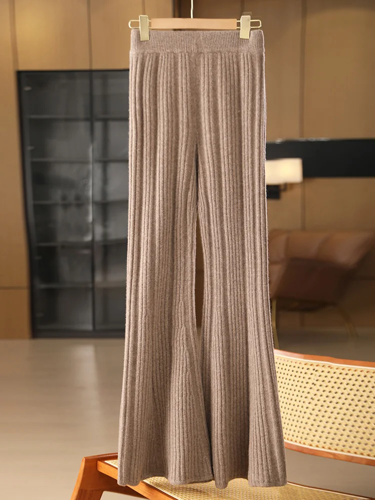 

New Chic Women 100% Merino Wool Knitted Flare Pants Autumn Winter Thick Striped Casual Style Cashmere Trousers Soft Warm Elegant