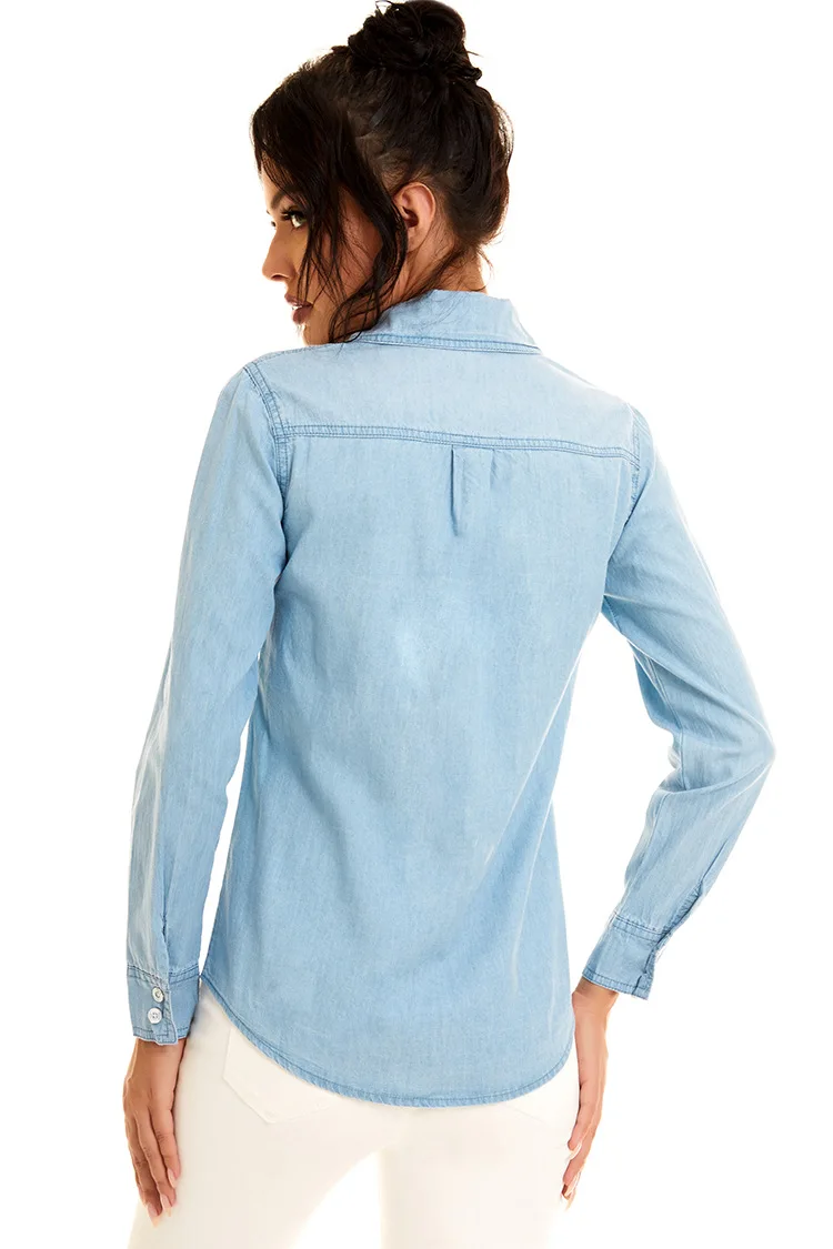 Light Blue Slim Thin Cotton Denim Shirts For Woman 2024 Spring Casual Ladies Tops Long Sleeve Jeans Blouses Clothing