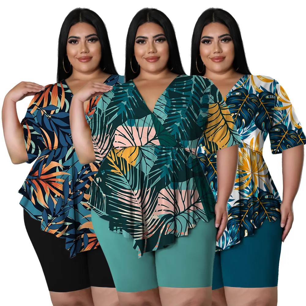 bohemia printed sexy outfits plus size women clothing v neck top short pant suits summer two piece set Wholesale Dropshipping