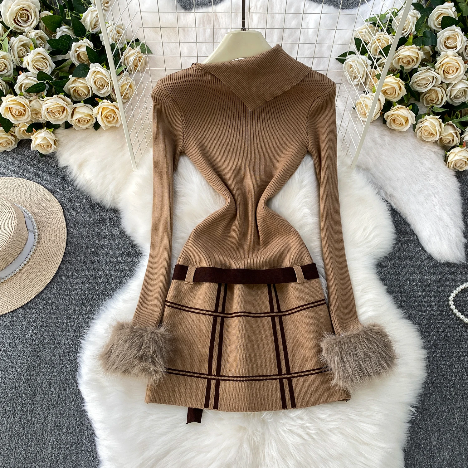 

Женское зимнее вязаное платье с поясом на талии и меховыми рукавами, женское теплое клетчатое платье с отложным воротником, модное платье, роскошные праздничные платья для пожилых людей