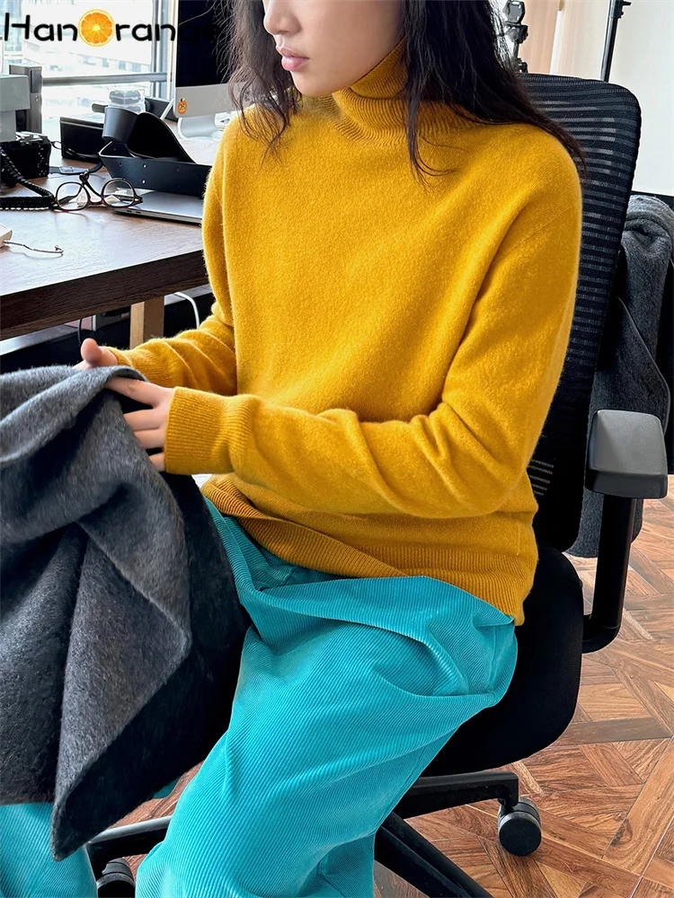 HanOrange 2024 Winter Wool Turtleneck Soft Sweater Women White/Black/Gray/Yellow Green/Brown/Orange Yellow/Raspberry/Sky Blue