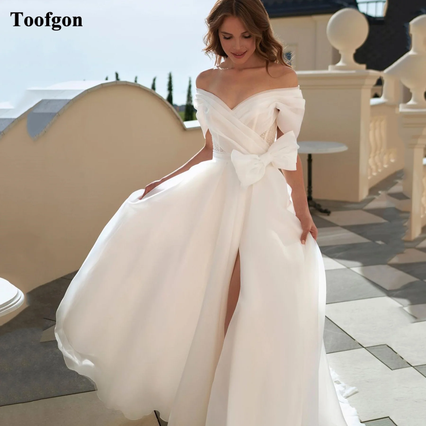 Toofgon-Robe de mariée en organza, ligne A, à lacets, dos nu, pour les femmes initiées, avec fente latérale, pour les patients, quelle que soit la tenue de soirée formelle