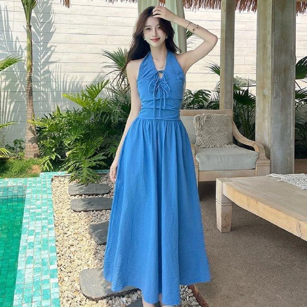 

V-Neck Halter Neck Suspender Dress Women 2025 Summer New Niche Design Feel Waist-Hugging Long Sleeveless Skirt