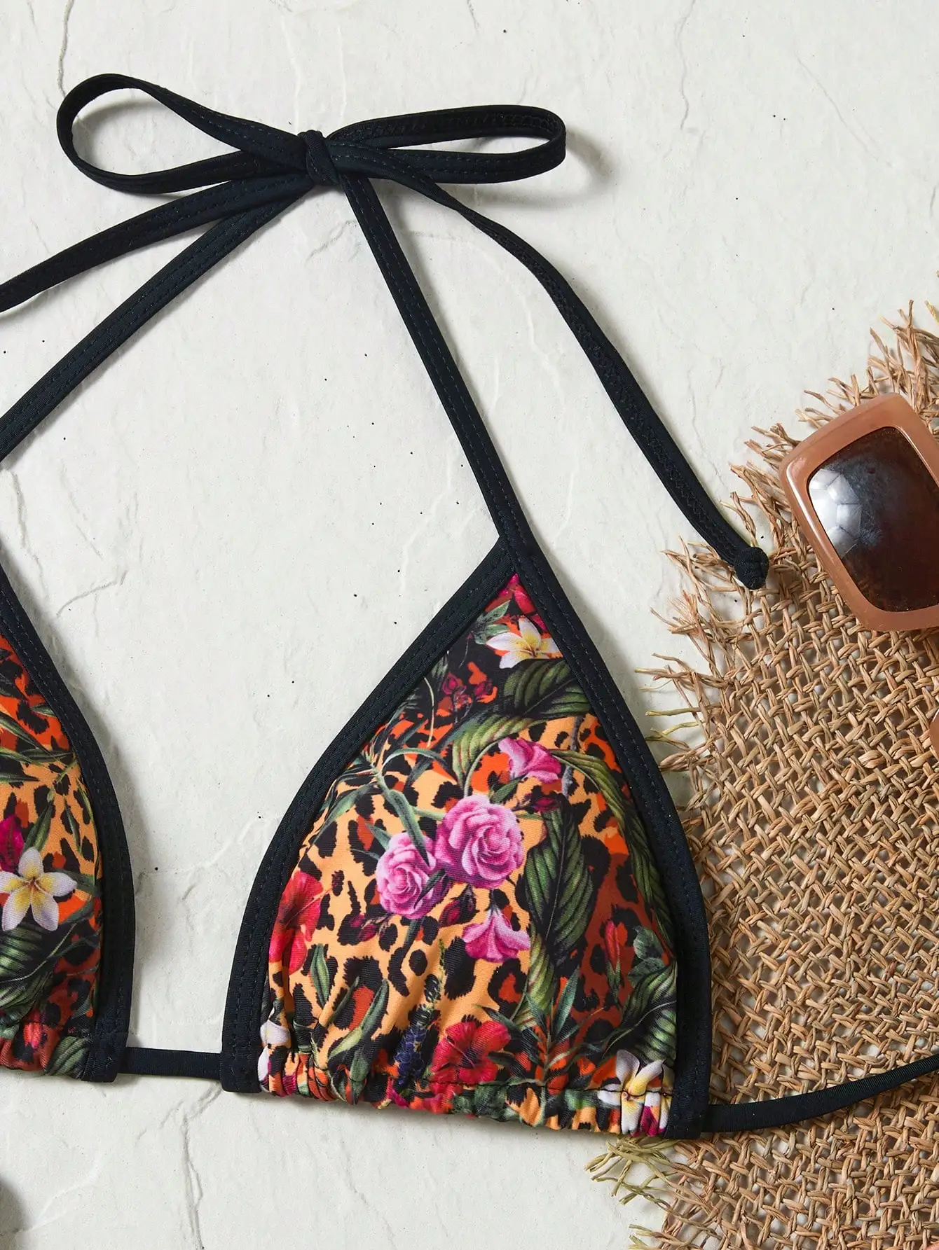 

2pcs Floral Leopard Print Lace-Up Halter Bikini Set Sexy Beach Swimwear