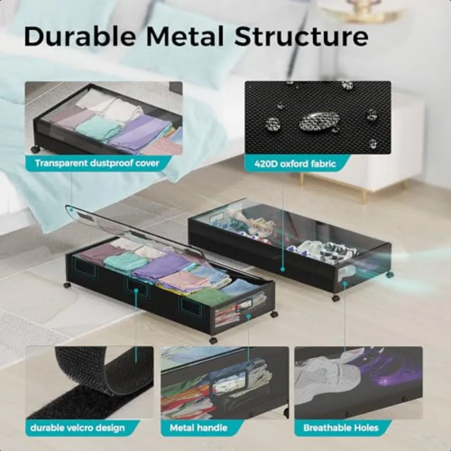 Large Under Bed Storage with Wheels Metal Under Bed Storage Containers with Clear Lid Handle Rolling Under Bed Shoe Storage Dra