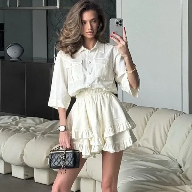 

Костюм с юбкой с рюшами, женская модная рубашка с короткими рукавами и лацканами, топ, плиссированная юбка трапециевидной формы, комплект из двух предметов, женские комплекты платьев Y2k