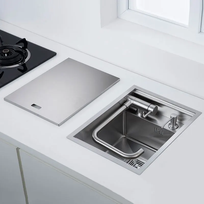 Évier de cuisine en acier inoxydable 304 pour bar d'îlot, finition brossée avec robinet pliable, couvercle, distributeur de savon, éviers de lavabo végétal