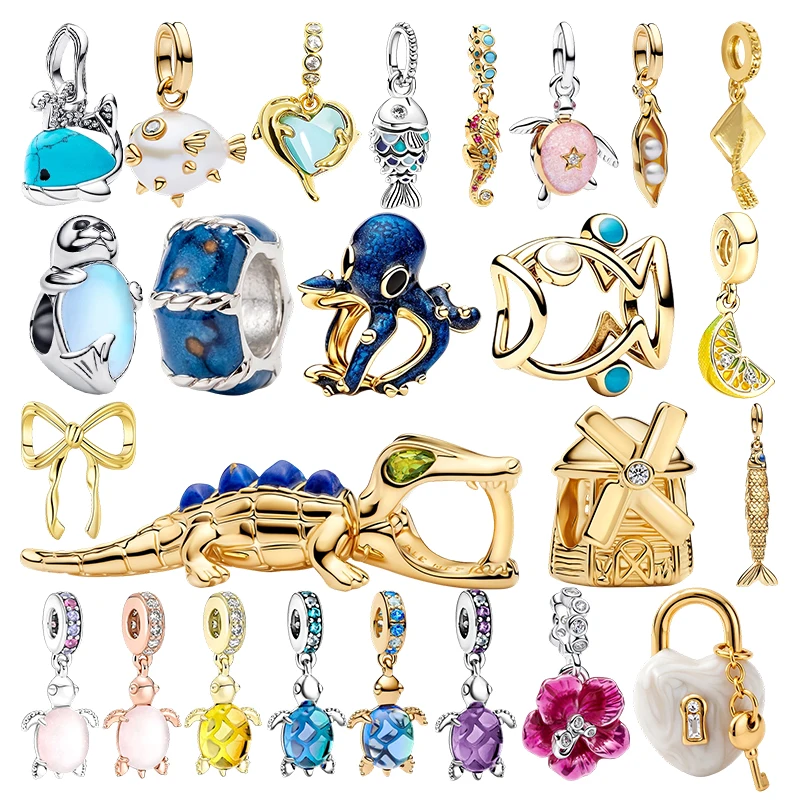 Contas de Charme da Série Ocean Original, Contas de Charme Brilhantes de Crocodilo e Peixe Escamado Azul para Pulseira com Pingente, Presente de Joias para Mulheres