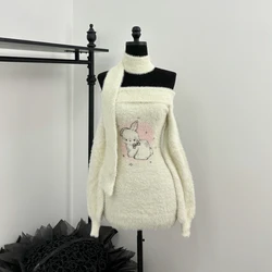 Winter Knit Sweet Elegant Birthday Dress for Women Slash Neck Y2k Kawaii Retro Sweater Dress Female Print Warm Chic Clothing New