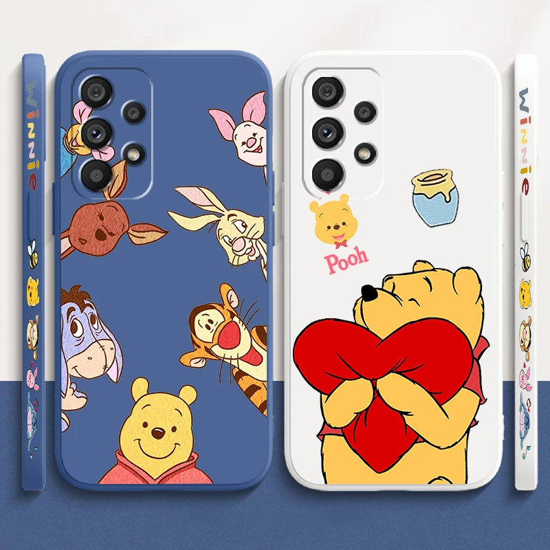 

Cute Pooh Bear Disney Liquid Left Rope For Samsung A53 A52 A55 A32 A51 A71 A21S A13 A73 A55 A72 A23 A35 A05 5G Funda Phone Case