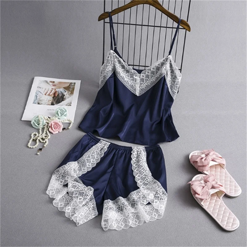 Sexy Lace Splicing Suspender Loose Shorts Two-Piece Pajama Set For Women