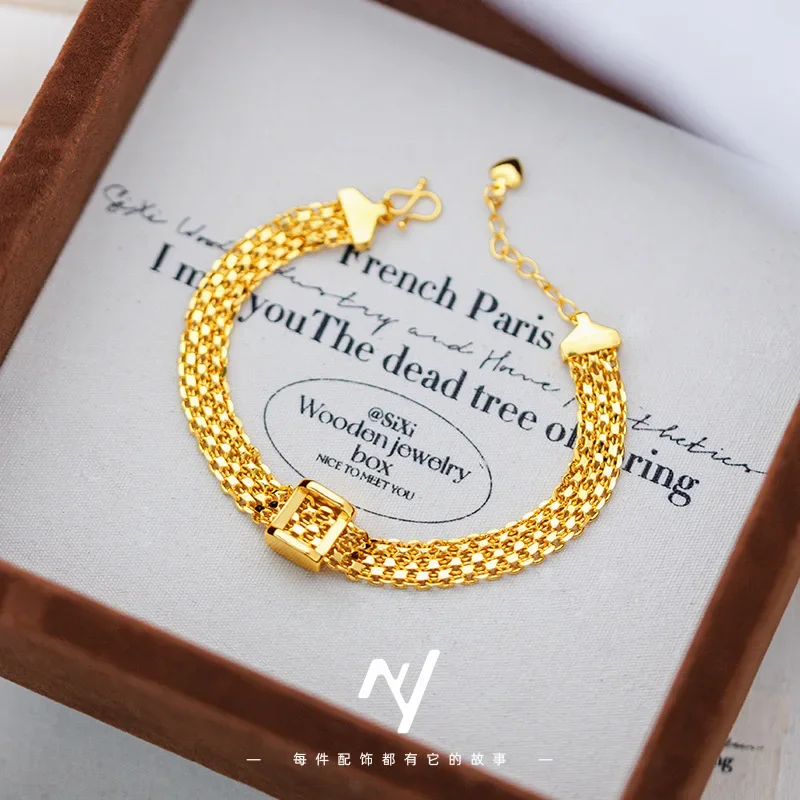 9999 24K real gold light luxury vintage medium braided gold square strap bracelet women's retro high-end silk satin bracelet