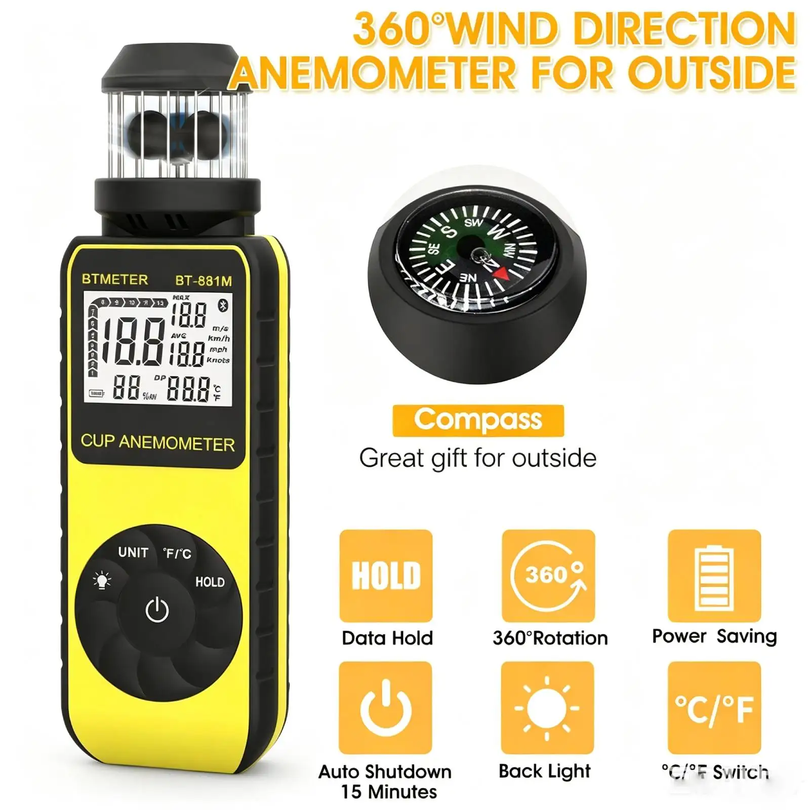 Cup Anemometer Wind Speed Meter with Compass Beaufort Scale 0.7-42m/s Mountable Backlight MAX/AVG Temp for Weather Station HVAC