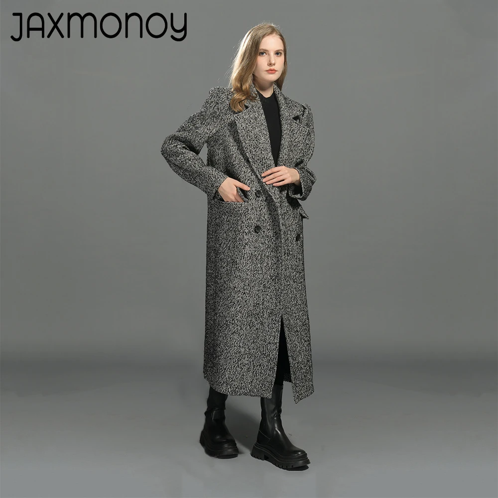 Jaxmonoy Women's Woolen Coat Ladies Long Style Full Sleeves Warm Tweed Wool Coats Autumn Winter Loose Overcoat 2024 New Arrival