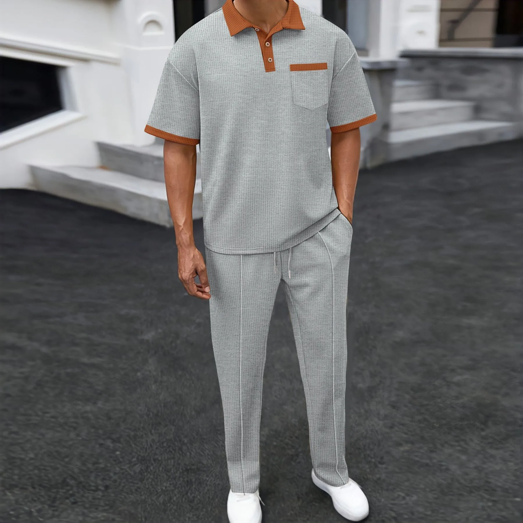 2025 summer new men's solid color Waffle collar casual pocket polo short sleeve pants suit