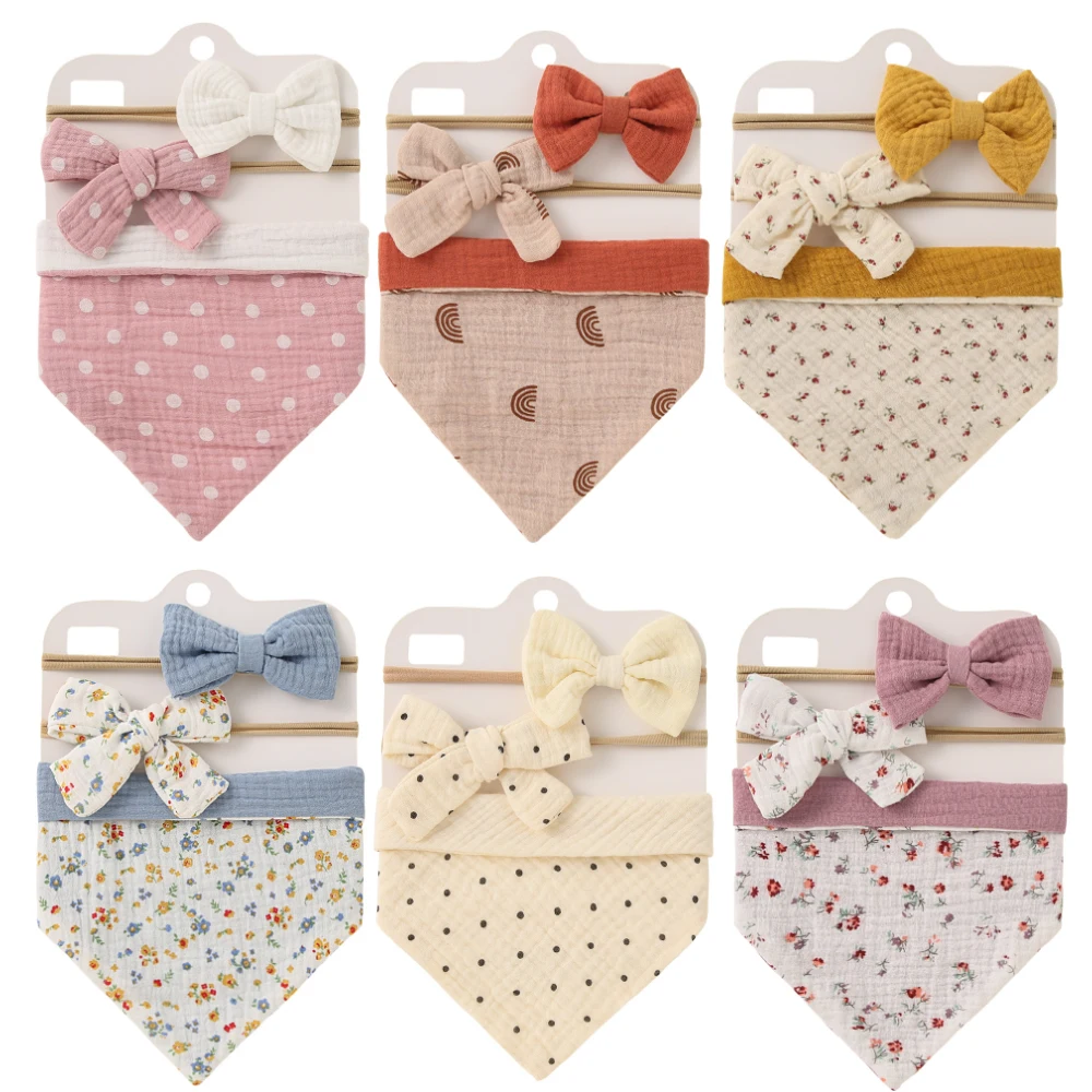 

3Pcs/Set Muslin Cotton Baby Flower Bibs & Headbands Bow Nylon Hairbands Saliva Towel Feeding Burp Cloth Scarf Girls Headwear
