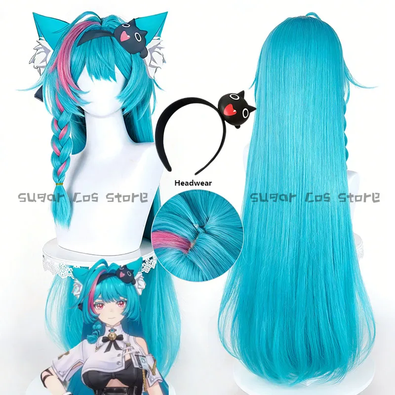

Game Neverness To Everness Mint Cosplay Wig Headwear NTE Long Turquoise Wig With Pink Streak Braided Side Ponytail Hair Carnival
