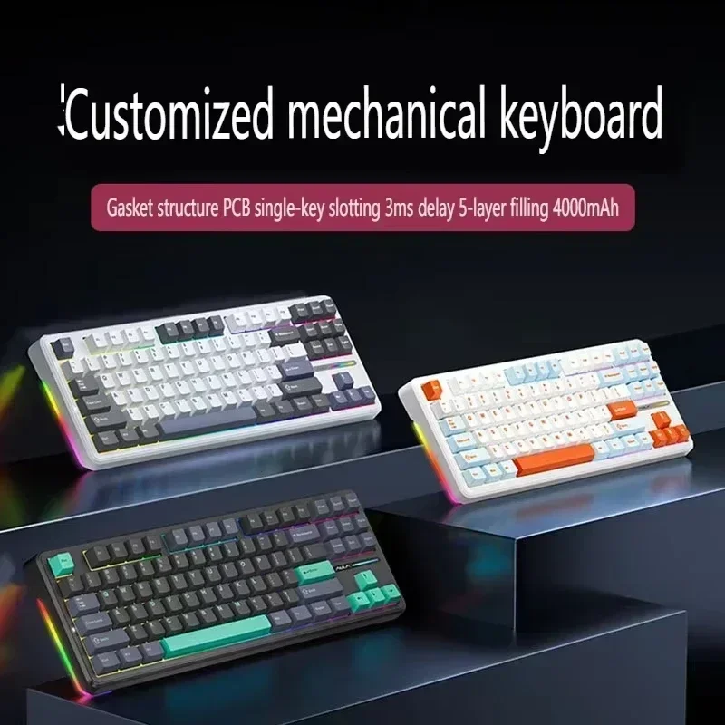 AULA F87 Mechanical Keyboards RGB Side Light Hot Tri Mode Keyboards Grey Wood Switch Wired Space Gold Switch Customize for Gamer