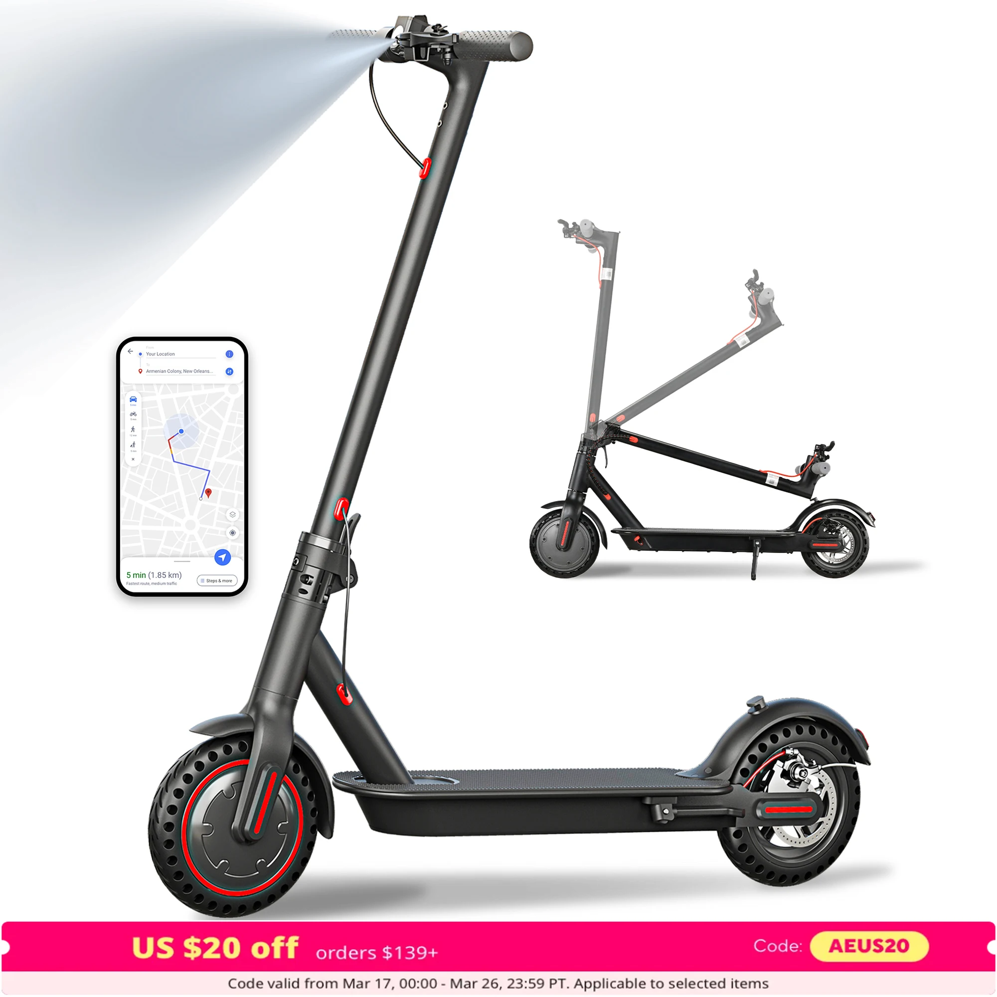 App Control Electric Scooter for Adults and Teens, 18 Mph, 20 Miles Range, 8.5