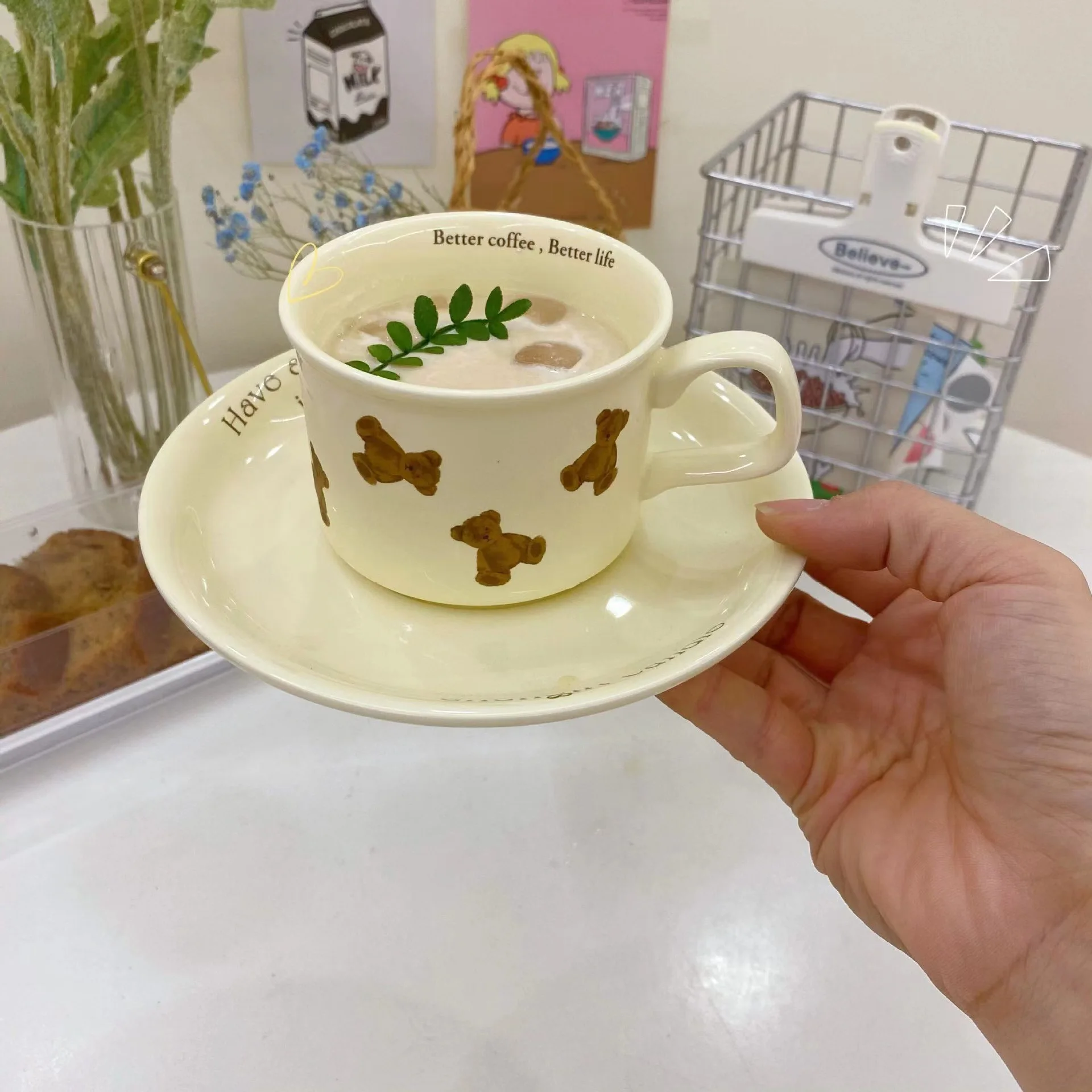 Cute Bear Coffee Cup Beige Ceramic Milk Tea Mug Vintage Pottery Latte Cappuccino Cups Drinkware Home Decor Gifts For Bear Lovers