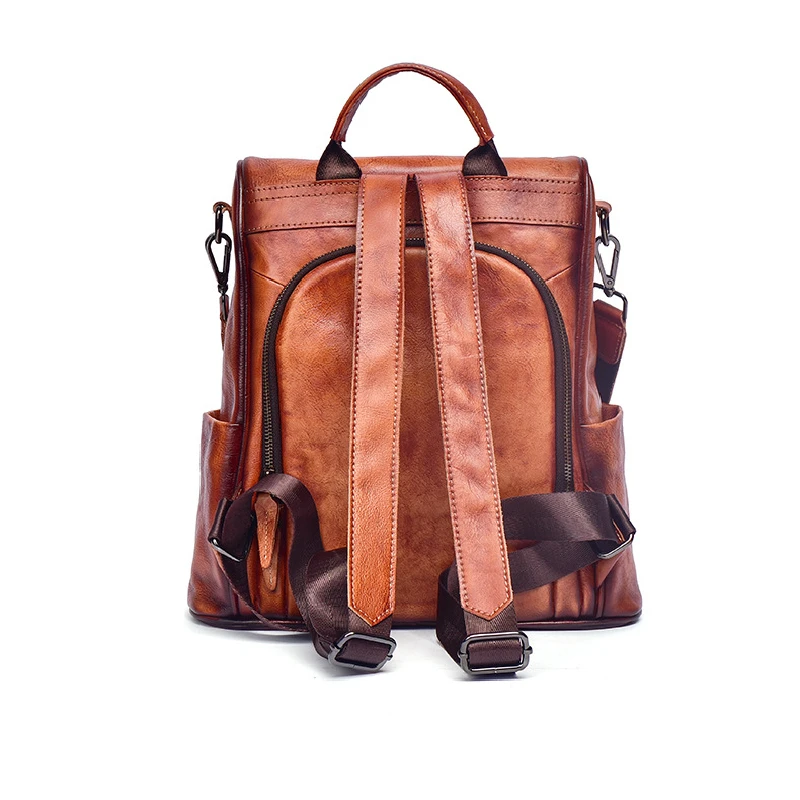 A4 Highend Vintage Coffee Brown Black Vegetable tanned Genuine Leather Women's Backpack Cowhide Female Shoulder Bag M3002