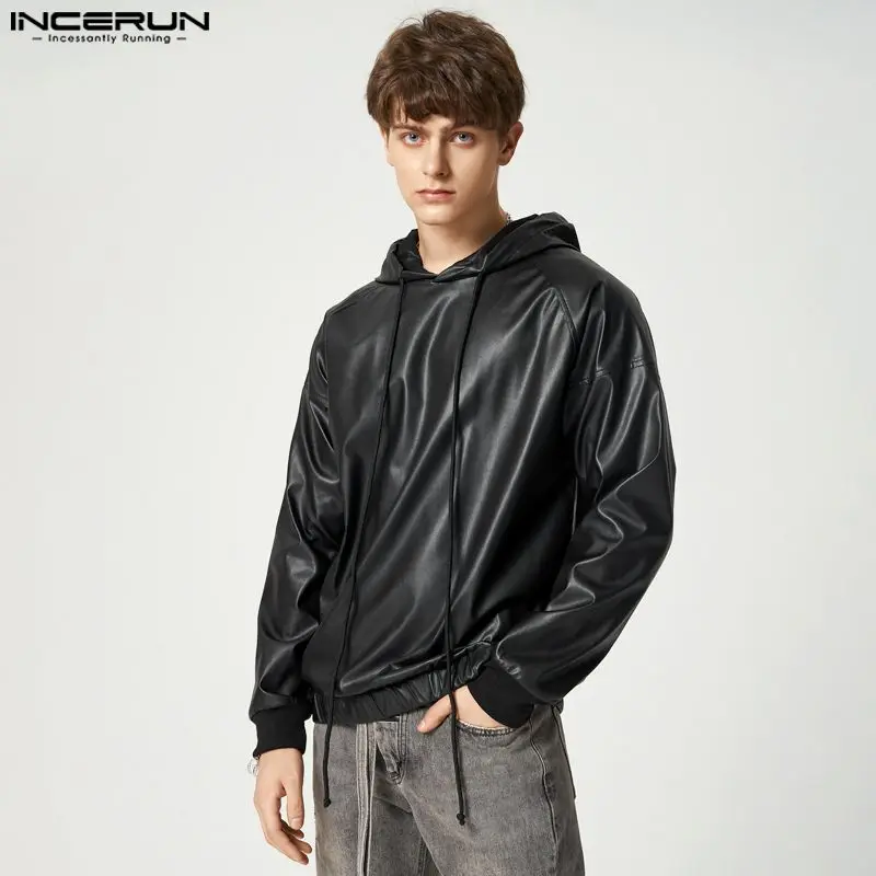 Stylish Hot Sale Men Tops INCERUN 2024 Reflective Leather Solid Hooded Hoodies Casual Male Long Sleeved Drawstring Sweater S-5XL