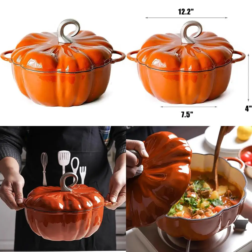 

Enamel Cast Iron Pumpkin Pot with Lid, Non-Stick Cooking Stew and Soup Pot, Ideal for 3-5 Servings, Perfect for Home Kitchen Use