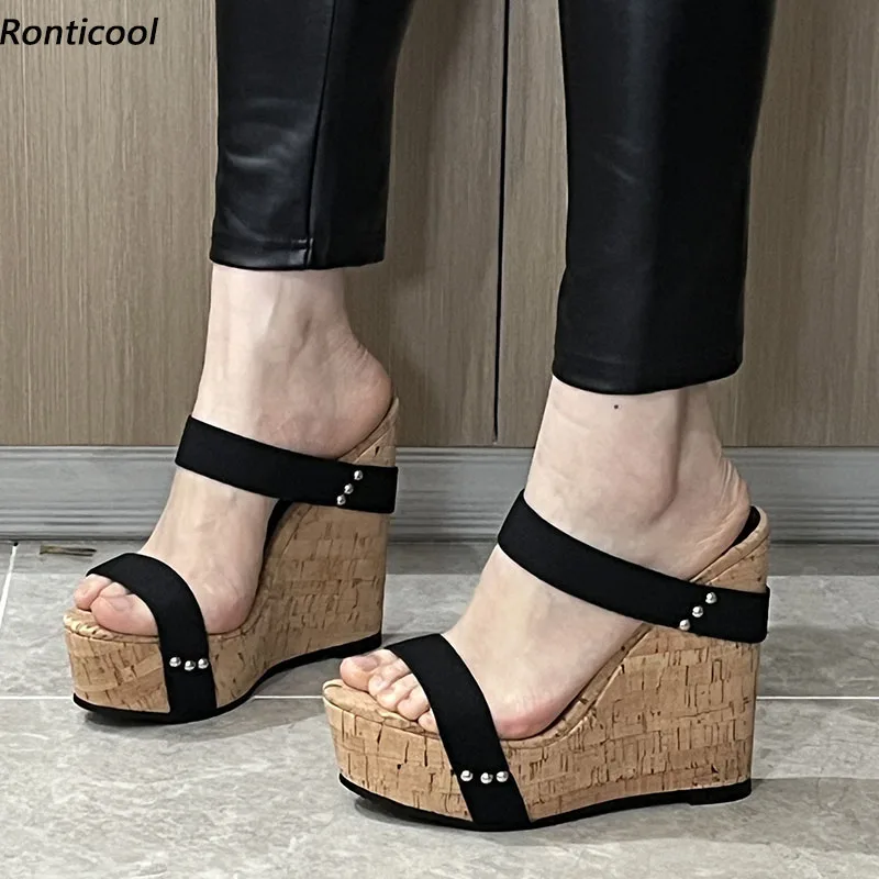 Ronticool Real Photos Women Summer Platform Sandals Wedges High Heels Round Toe Beautiful Black Dress Shoes US Plus Size 4-20