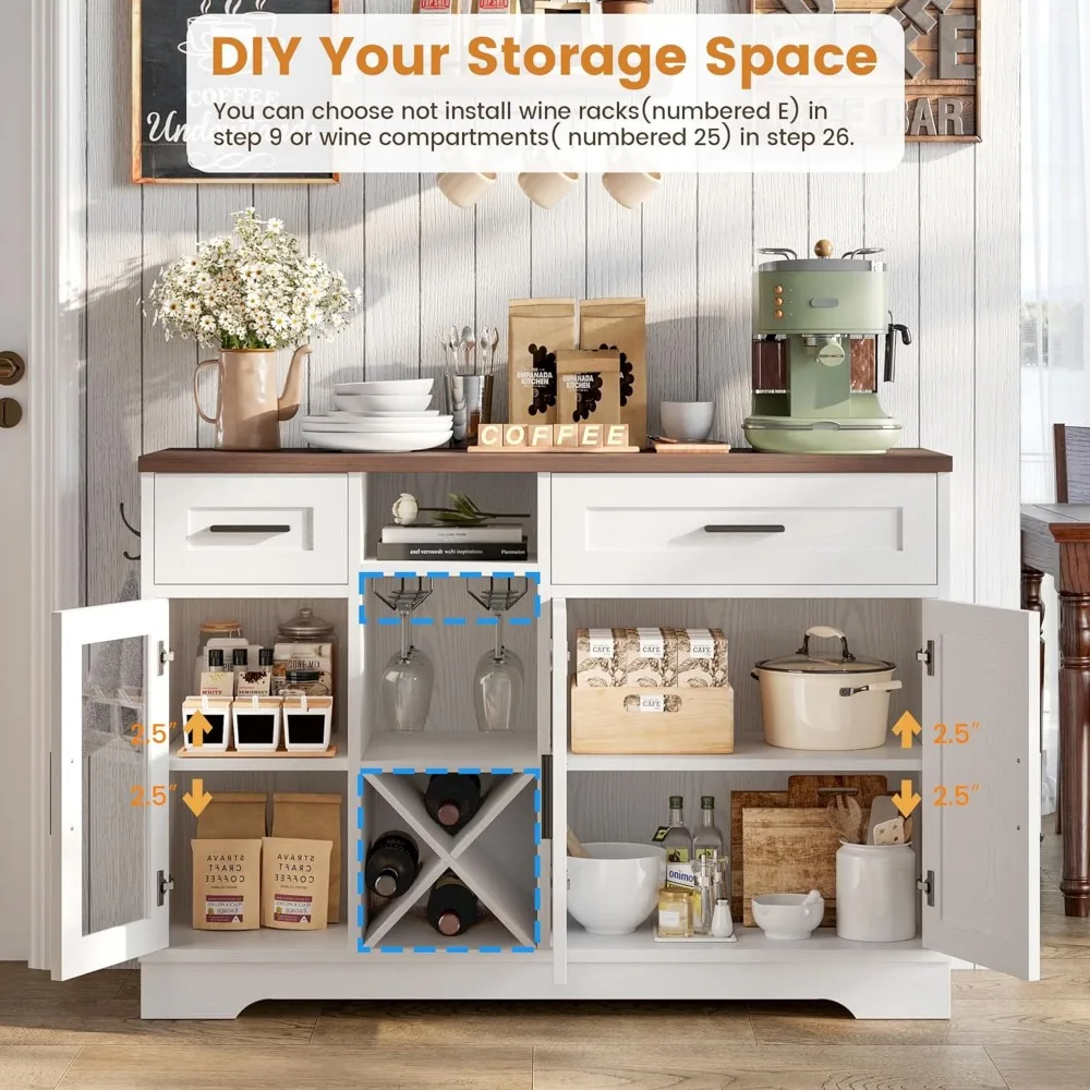 Шкаф для кофе и вина в фермерском стиле со стеклянными держателями и ящиками для хранения вещей