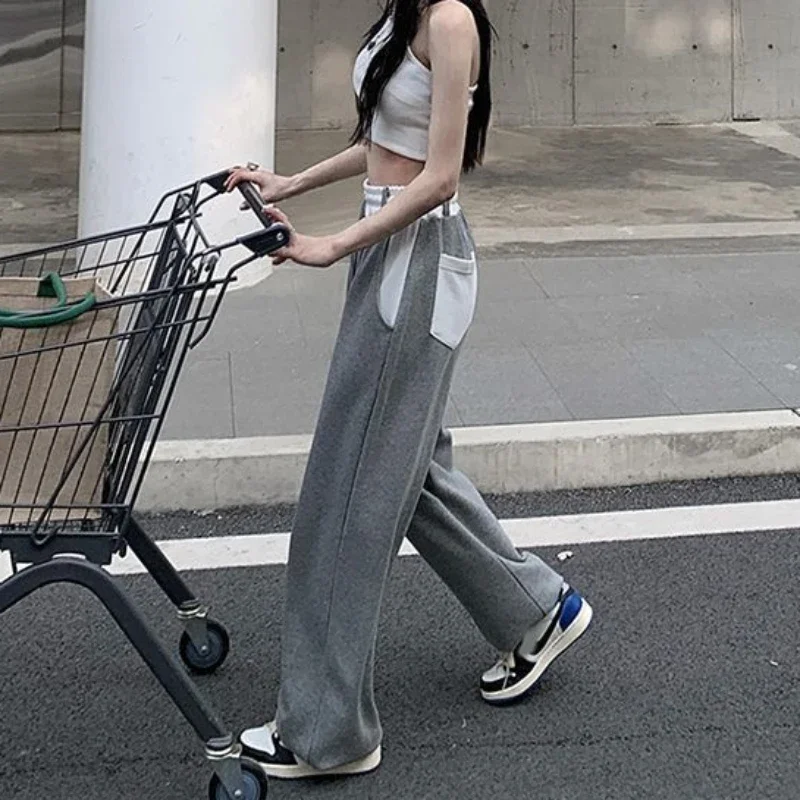 グレーの巾着スウェットパンツ,カジュアル,ハイウエスト,ルーズフィット,パッチワーク,ストリートウェア,ヒップホップ,トレンディ,春,夏