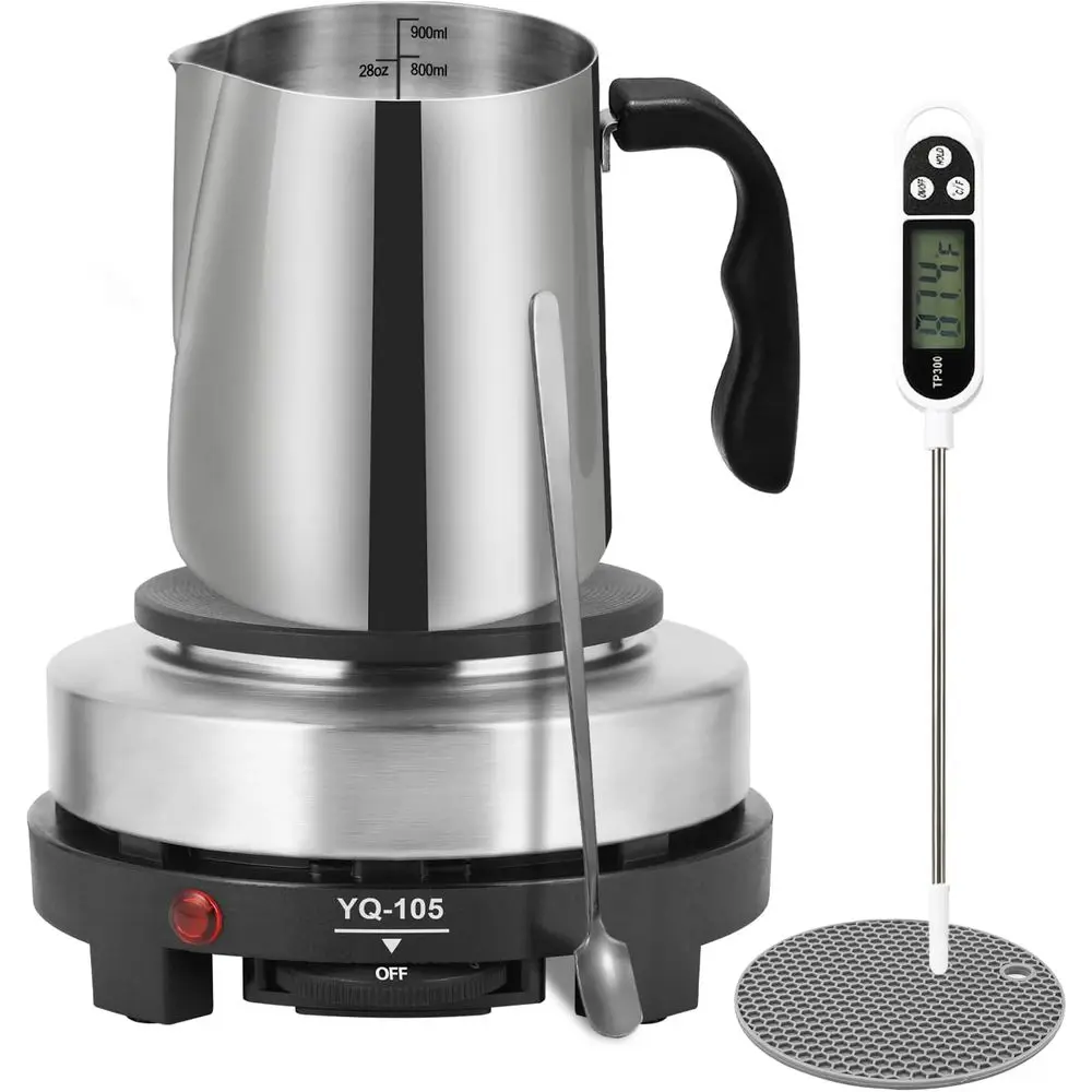 

Набор для начинающих по изготовлению свечей с нагревательной плитой, чашей для плавления, ложкой для перемешивания и противоожоговой подставкой