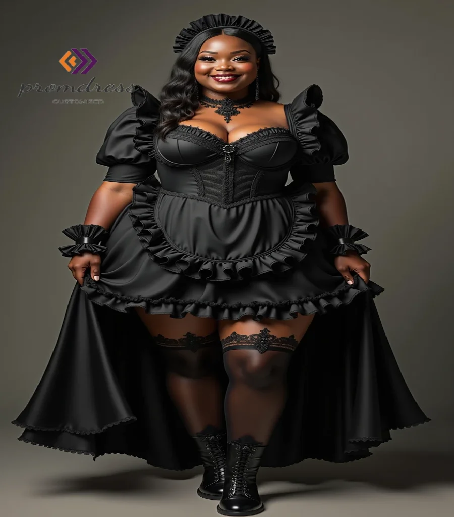 

Roleplay Plus Size Black Girls Prom Dress 2025 Hi Low Costume Maid Dress With Black Apron Gothic Formal Cocktail DressCustomized