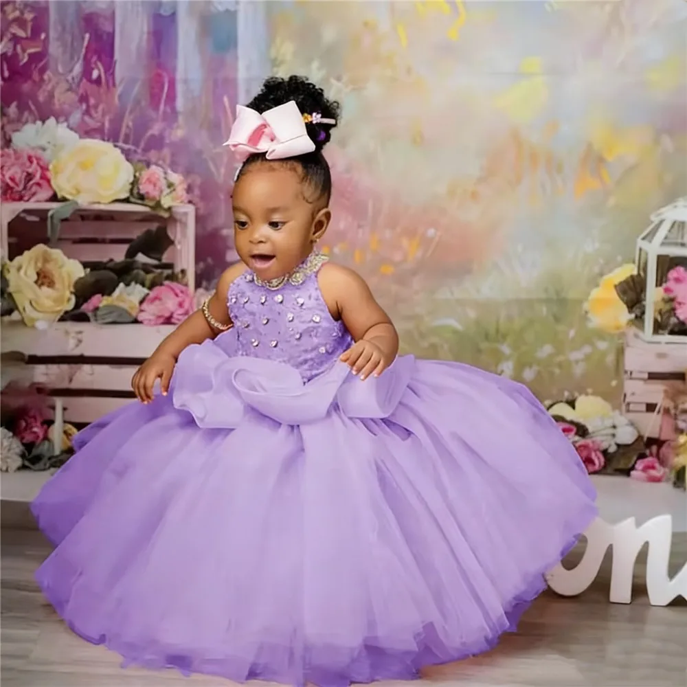 Robe de mariée de luxe rose à fleurs pour filles, sans manches, à paillettes, pour petite fille, soirée d'anniversaire, robe de sainte Communion personnalisée