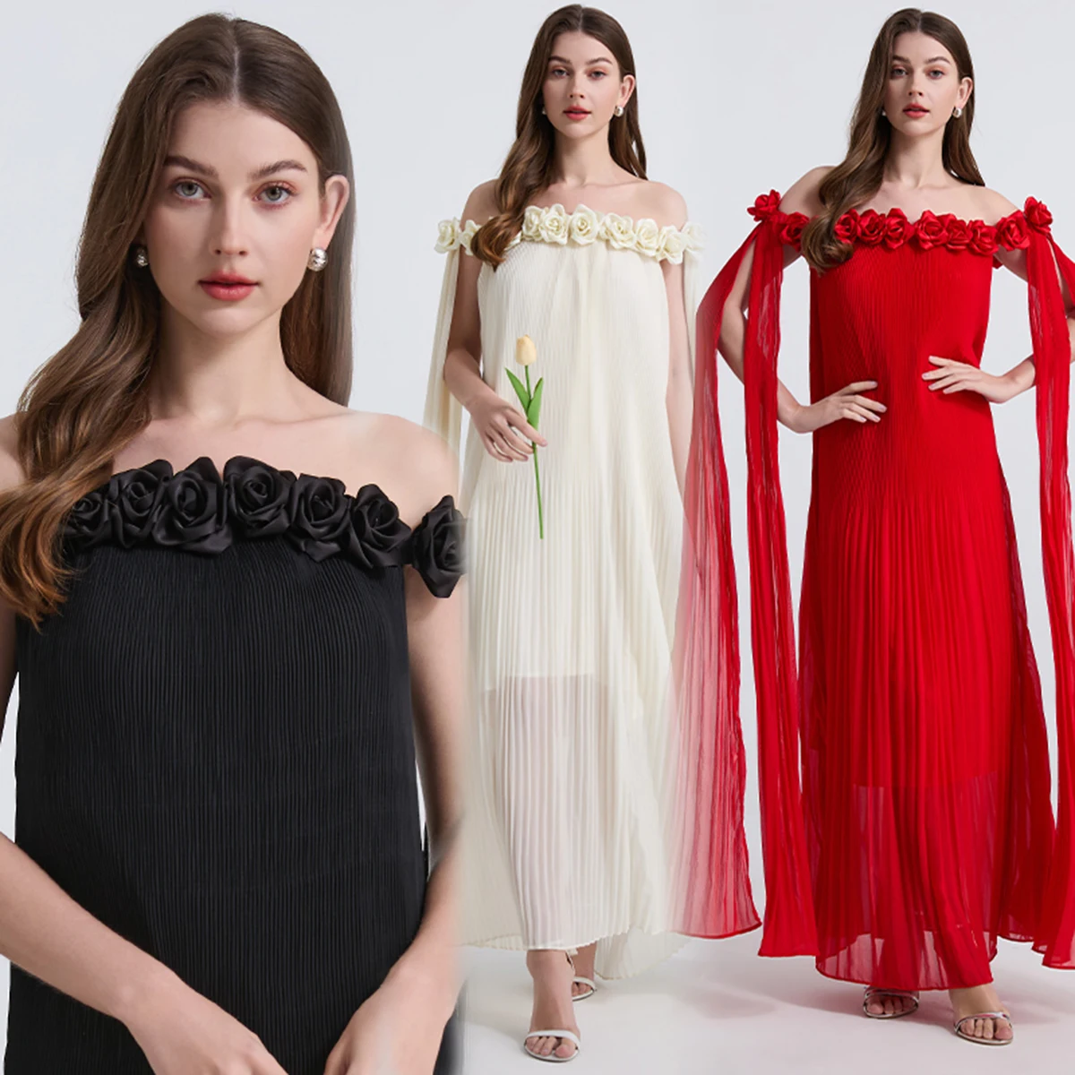 Sexy une épaule 3D fleur plissée en mousseline de soie longue Dr parole longueur jupe haute qualité Version Ele Sle été Dr