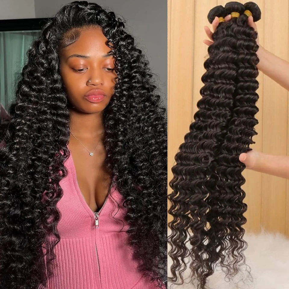 

Вьющиеся 30, 32, 40 дюймов, глубокая волна, 1 3, 4 пучка, 100% необработанные человеческие волосы, двойной уток, бразильские наращивание волос Remy