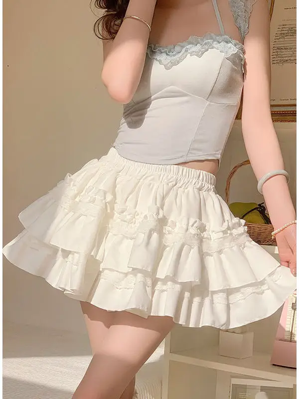 

Sweet Lace High Waist A-Line Skirt Women's Early Spring Slimming Short Skirt with Strap Casual Fashion Set Two-Piece