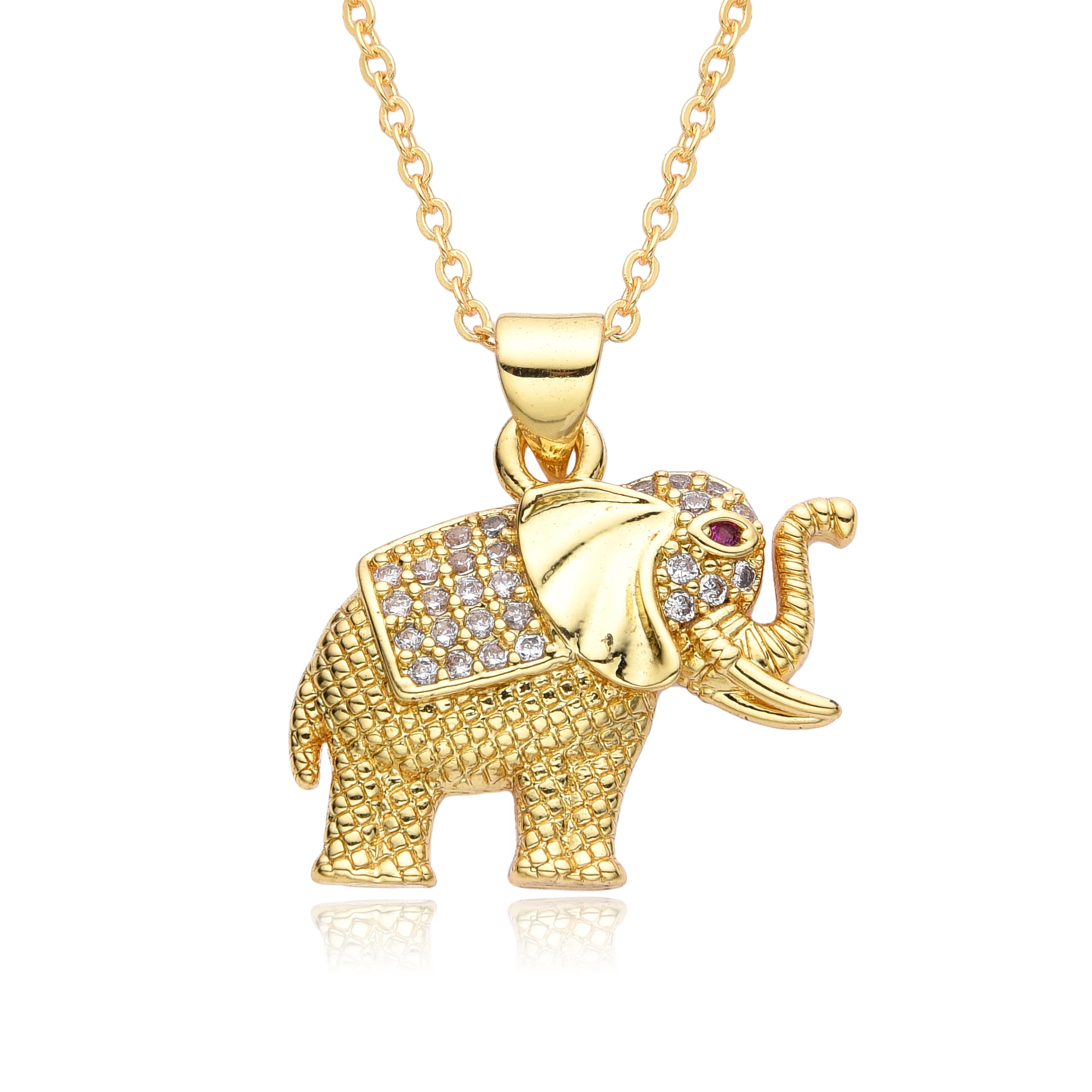 New Gold Color Elephant Charms Micro-inlaid Red Heart CZ Necklace for Women Choker Chain Pendant DIY Christmas Jewelry Wholesale