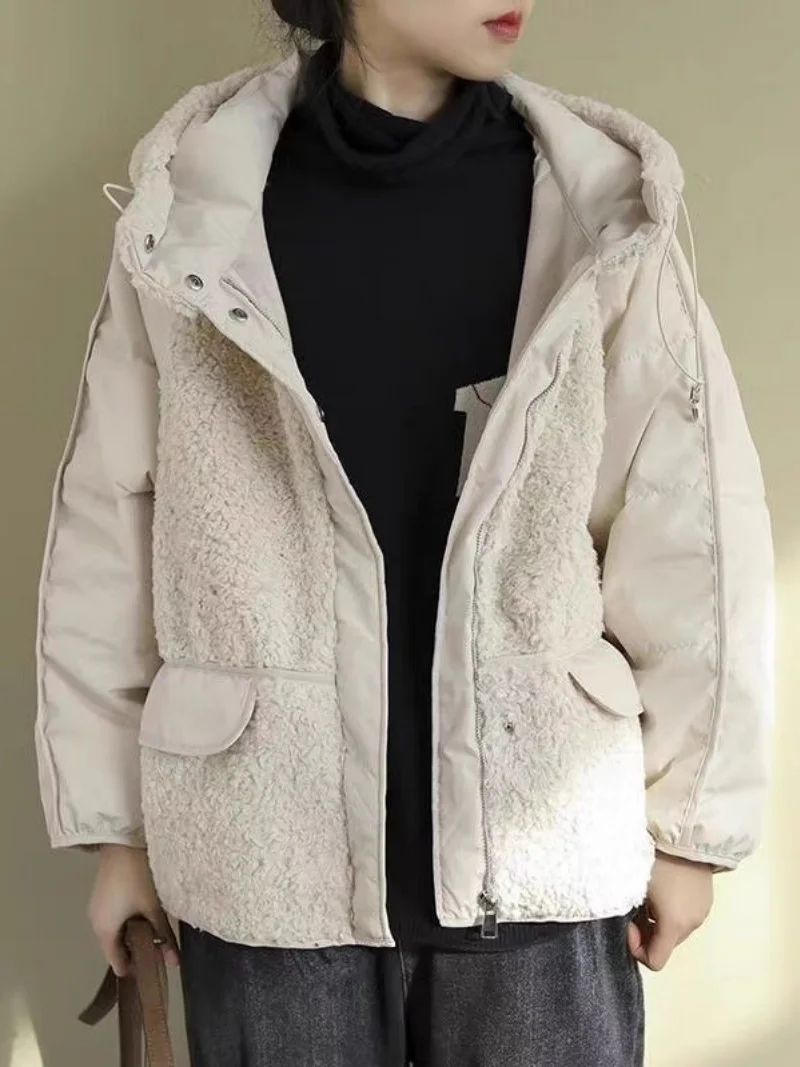 Хлопковая одежда, женская одежда, осень-зима 2022, новинка, универсальное плюшевое пальто с ягненком, куртка с капюшоном w433