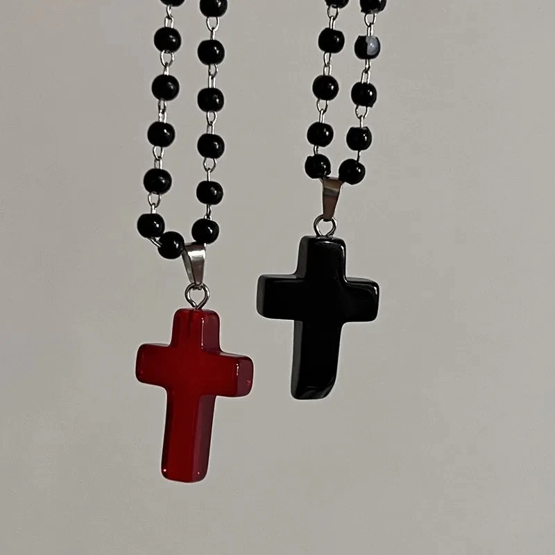 Gothic Vintage Red Glass Cross Pendant Black Bead Rope Chain Necklace For Women Men Y2K Aesthetic EMO Grunge Jewelry Accessories