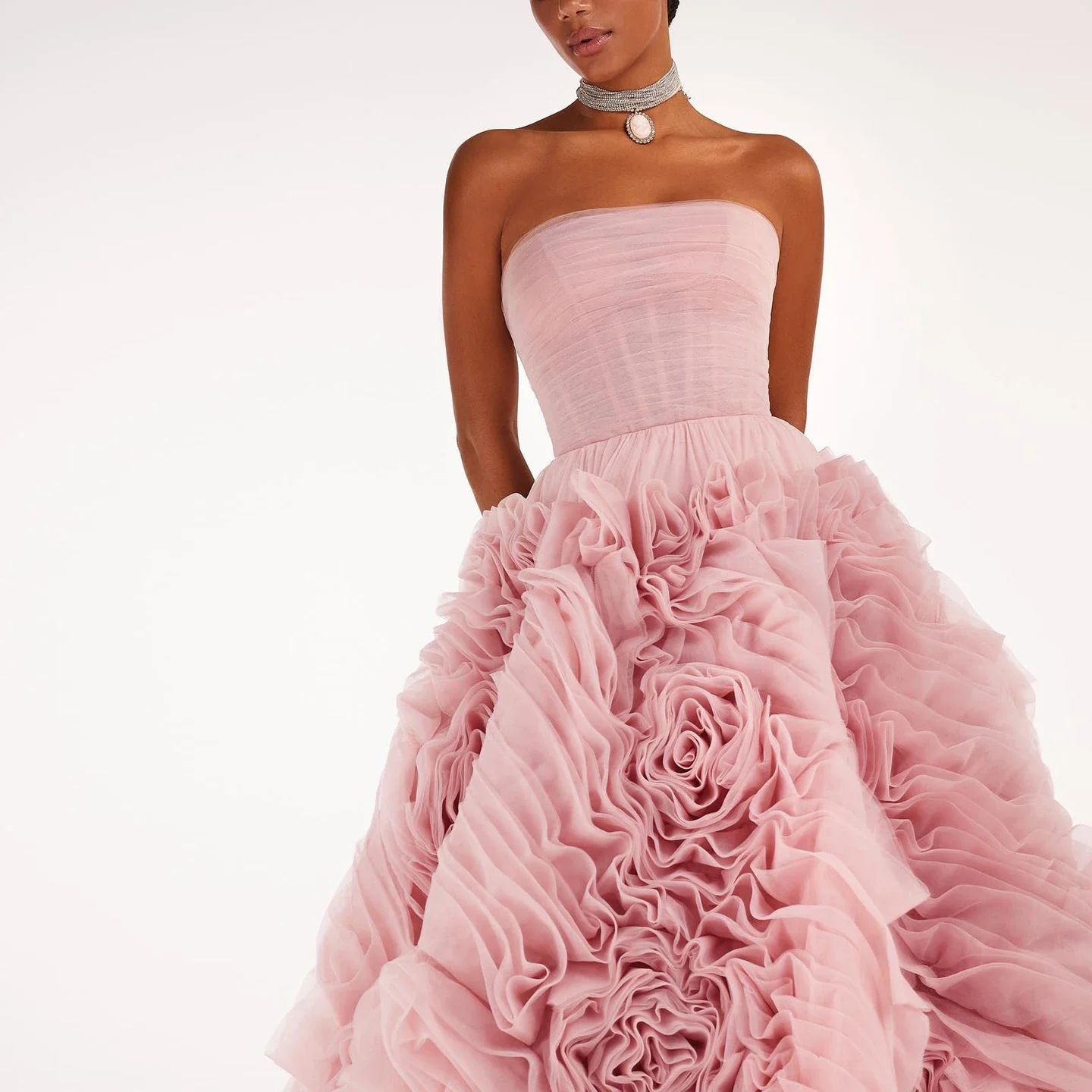 Luxury 3D Rose Flower Pink Evening Dresses For Women Wedding Party Strapless Formal Prom Gowns Sz343