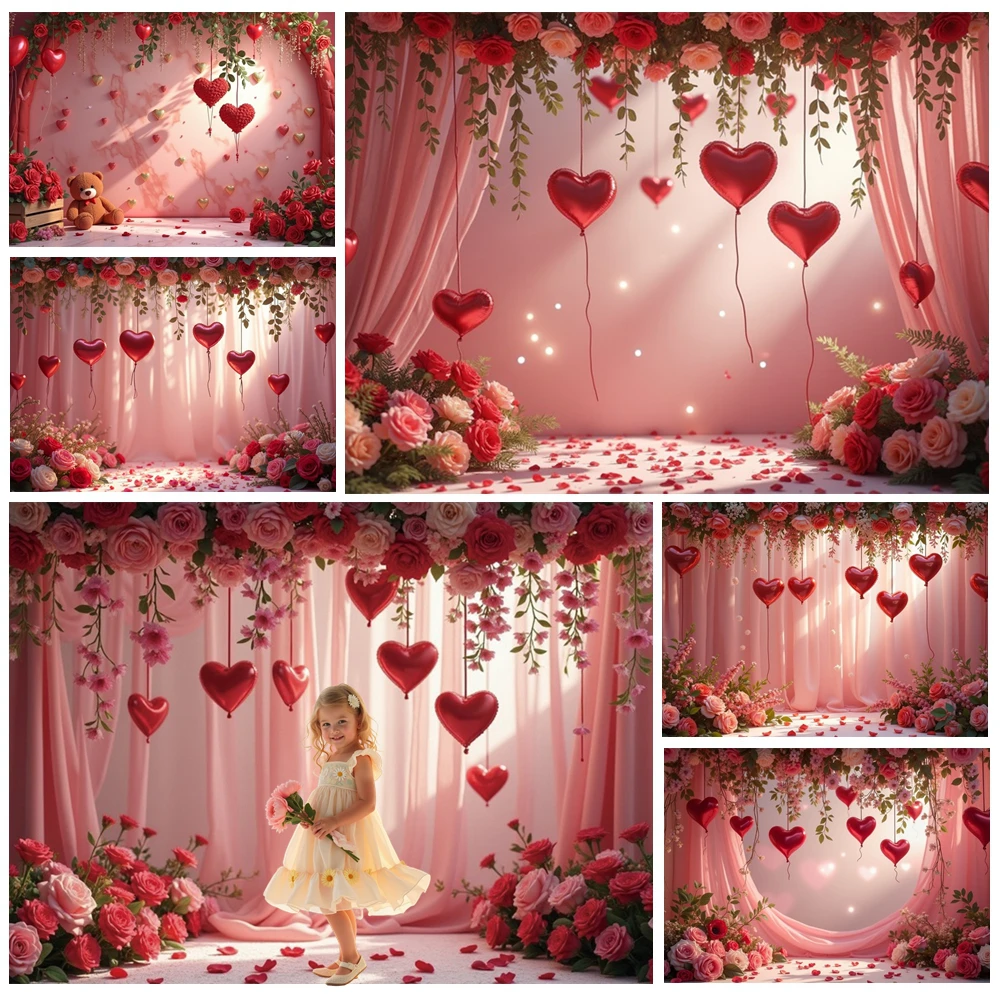 

MOON.QG Dreamy Valentine's Day Photographic Background Heart Balloons Rose Pink Curtains Backdrop February 14 Couple Portrait
