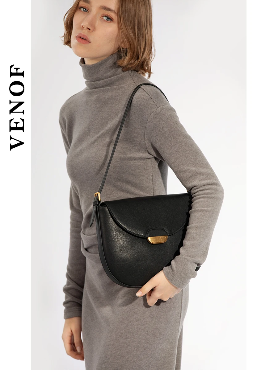 Venof-Genuine Leather Shoulder Bag for Women Saddle Bag, 100% Soft, Vintage, Casual Messenger Bag, Commute Female Bag, New Trend