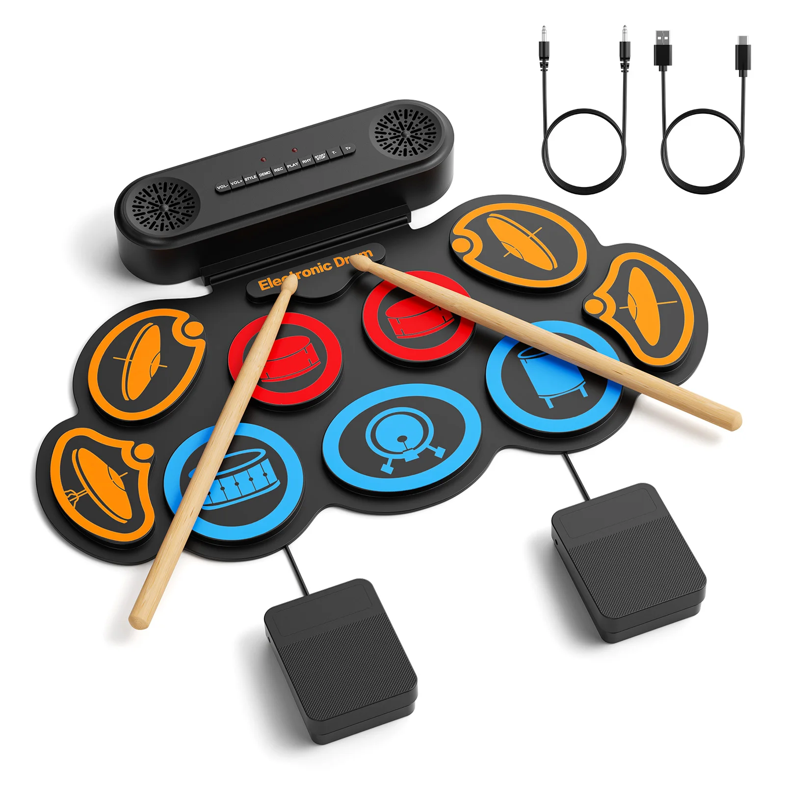 9 Pads Electronic Drum Set Roll-Up Drum Pad BT Dual Speaker DTX Gaming Support 7 Styles 6 Rhythms 10 Demo Songs for Practice
