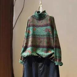 Woman Vintage Turtleneck Sweater Autumn New Niche Print Casual Loose Retro Sweater Korean Style Long Sleeves Sweater Oversized