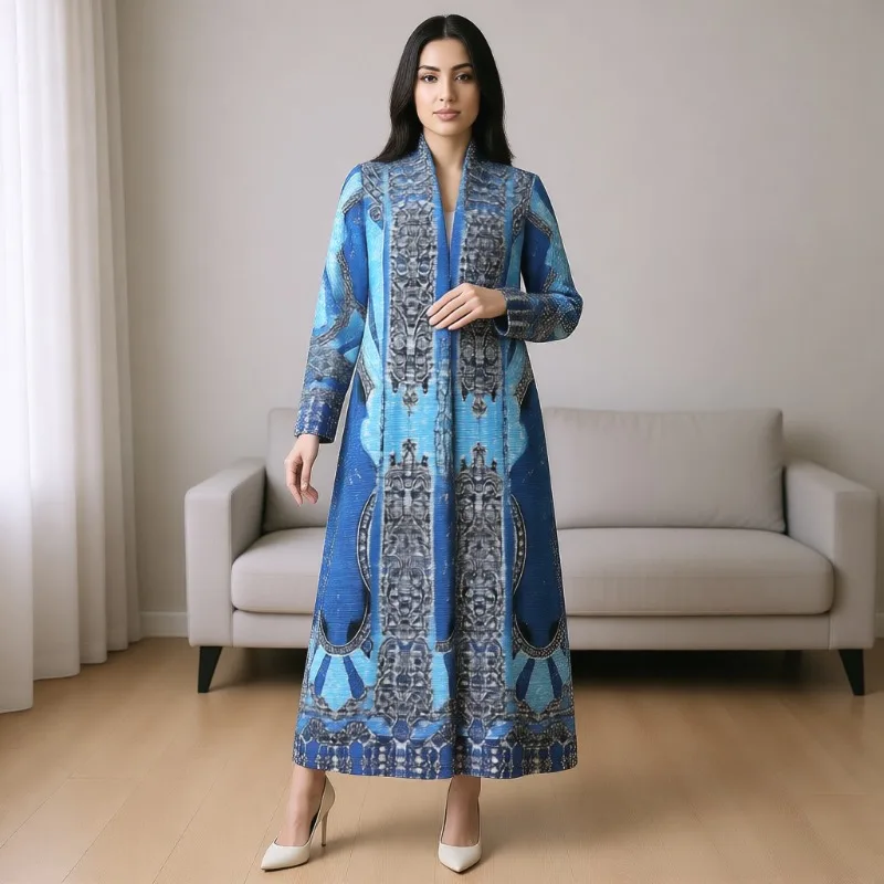 

Длинный плащ Абая с принтом Ближневостока, 2026 Новый плиссированный плащ большого размера, свободный эластичный длинный халат, арабское мусульманское женское пальто