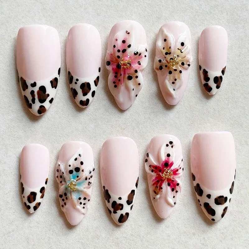 

24pcs Flower Fake Nails Leopard Print French Long Almond False Nail Sets Finished Tips White Press on Nails Reusable Manicure