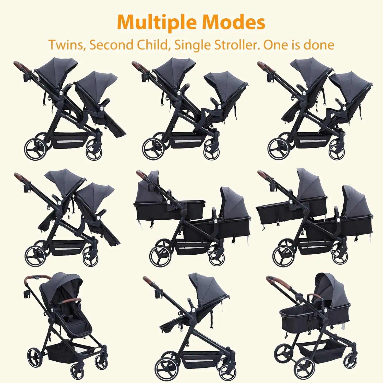 Double Track Tandem Stroller, Foldable Bassinet Pram for Infant and Toddler, Multi-Position Reversible Pushchair